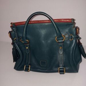 Dooney & Bourke Teal Leather Satchel with Red Zip Trim